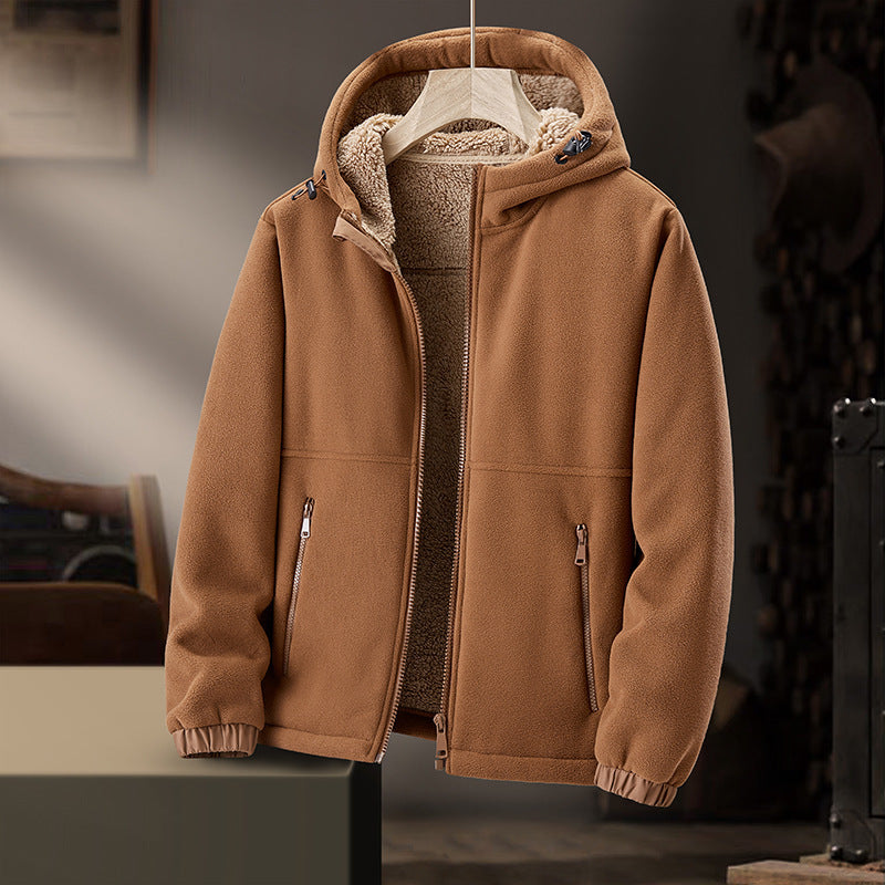 Men's Fleece Winter Jacket with Hood and Zipper Pockets