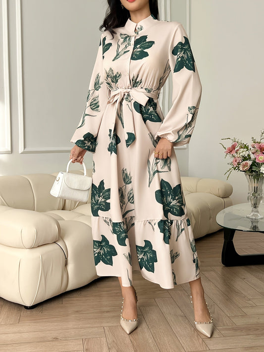 Women's Elegant Floral Maxi Dress with Belted Waist and Long Sleeves