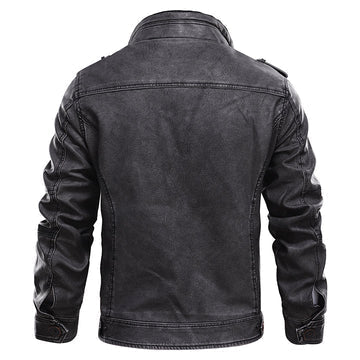 Men's Leather Jacket with Stand Collar and Zippered Chest Pocket