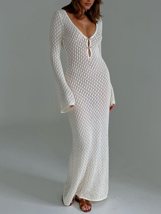 Women's Crochet Knit Maxi Dress with Bell Sleeves