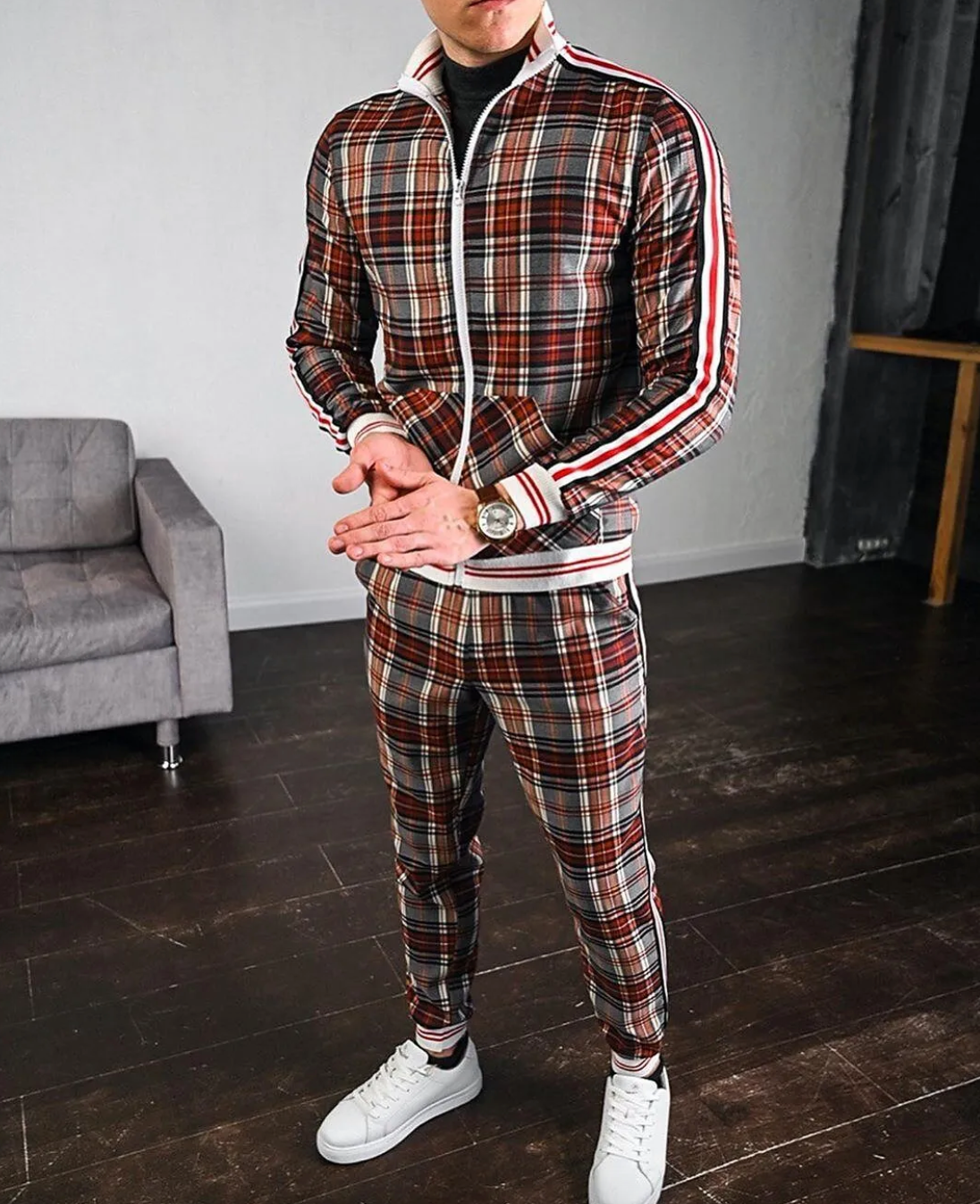 Men's Checkered Tracksuit Co-Ord Set with Striped Cuffs