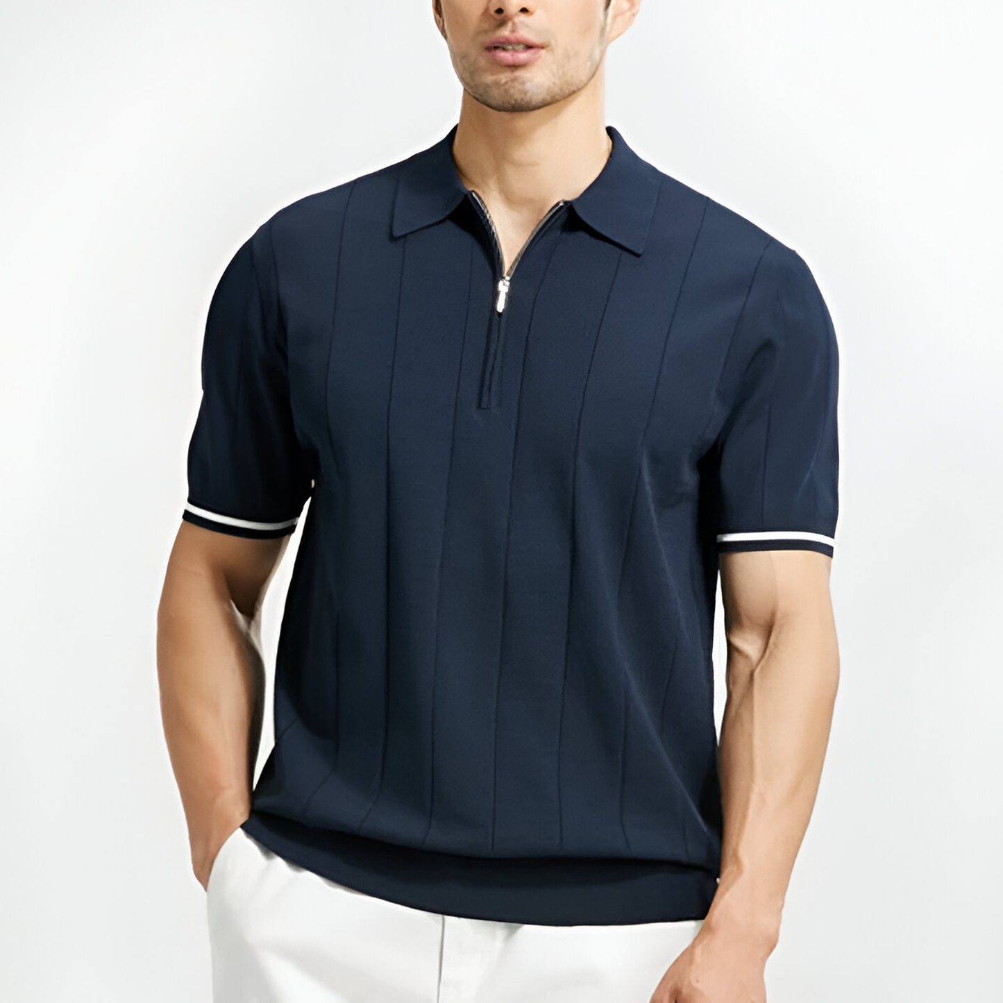 Men's Short Sleeve Zip Polo Shirt with Ribbed Knit Collar