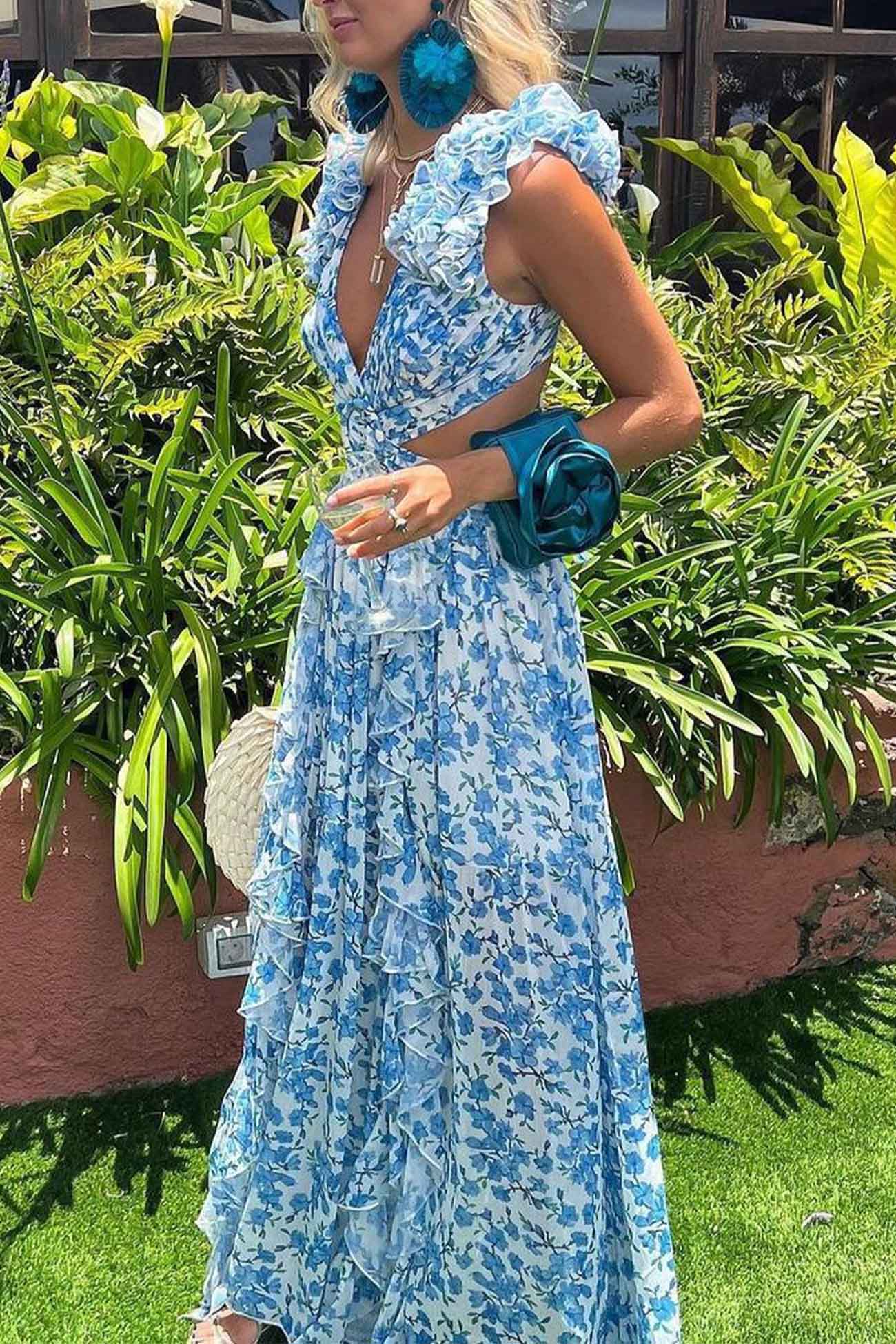 Women's Floral Maxi Dress with V Neck Ruffled Sleeves and Cut Out Waist