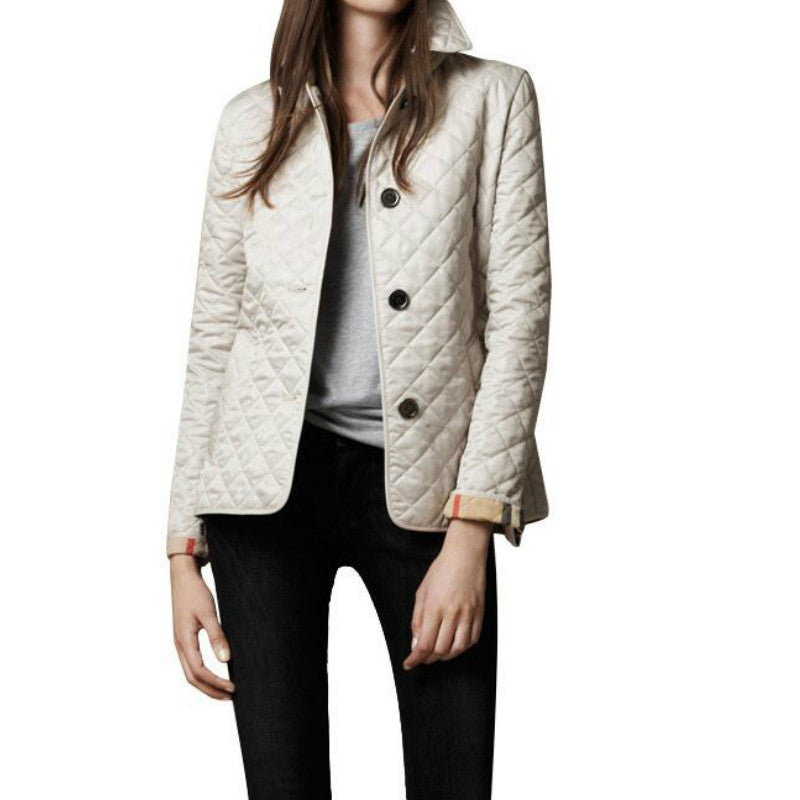 Women's Quilted Button-Up Bomber Jacket with Foldable Cuffs