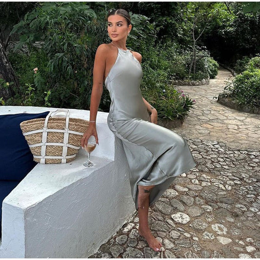 Women's Halter Neck Maxi Dress with Open Back and Draped Fit