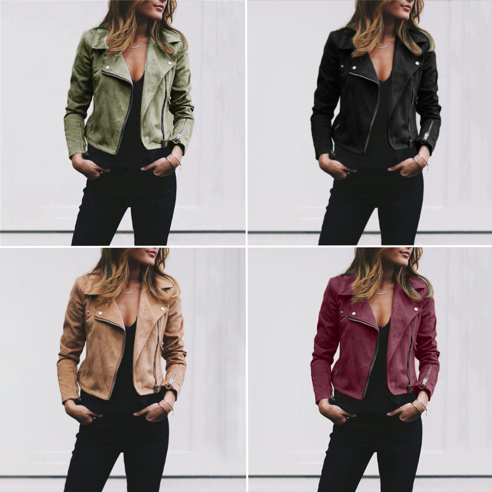 Women's Leather Jacket with Asymmetrical Zip and Lapel Collar