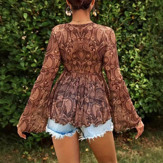 Women's Long-Sleeve Deep V-Neck Top with Flared Sleeves and Tie Front