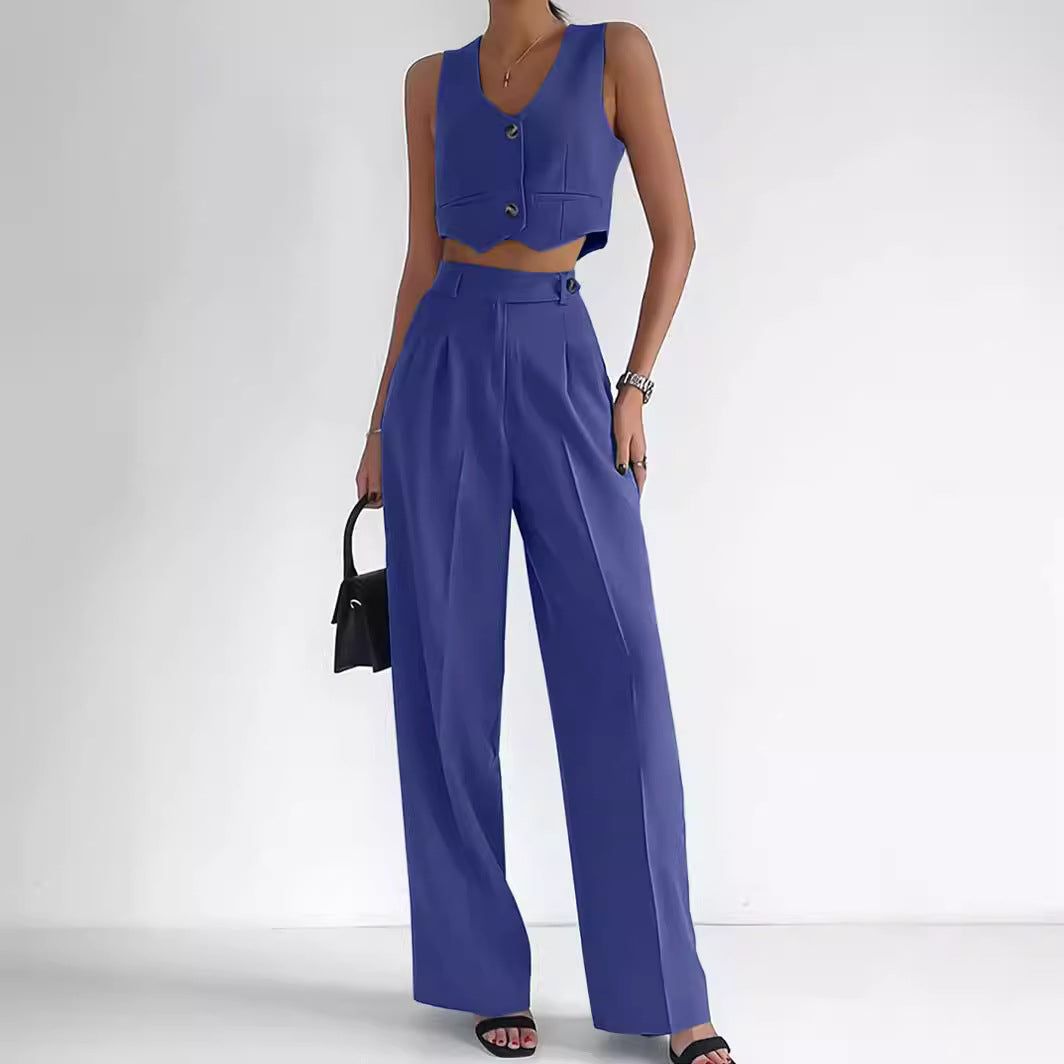 Women's Two Piece Suit Set with Cropped Vest and Wide Leg Pants