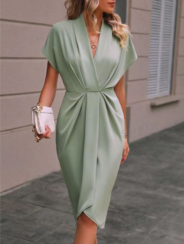 Women's Wrap Midi Dress with V-Neck and Draped Front Detail