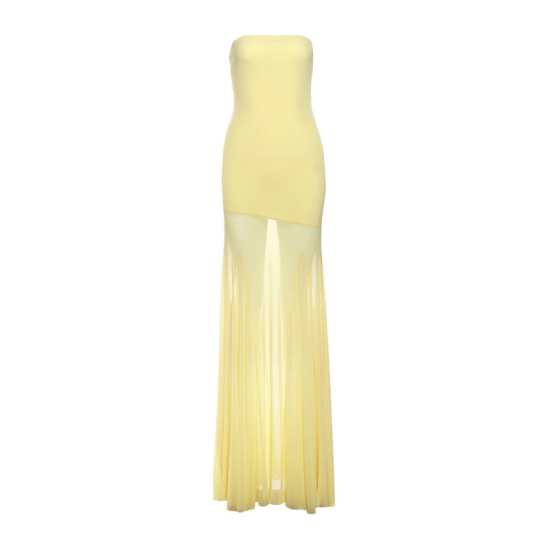 Women's Strapless Mesh Maxi Dress with Sheer Train and Fitted Bodice