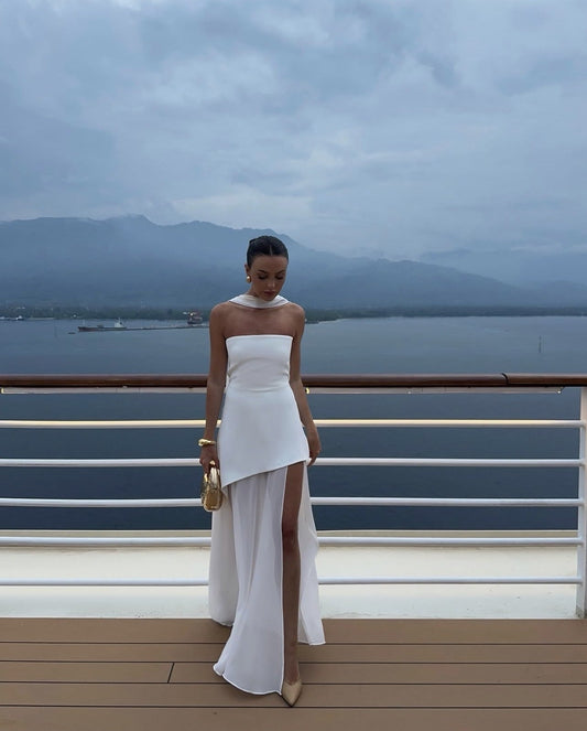 Women's Strapless Maxi Dress with Sheer Layer and Choker Detail