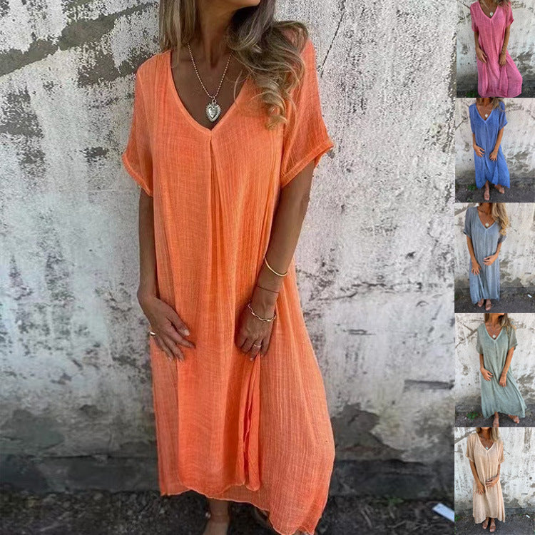 Women's Loose Fit Maxi Dress with V-Neck and Short Sleeves
