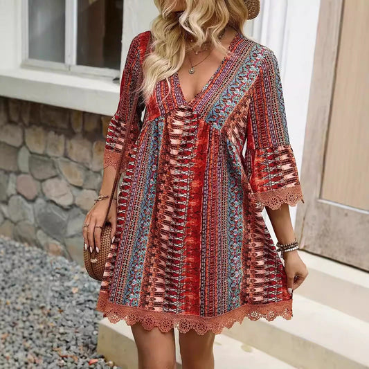 Women's V-Neck Boho Print Mini Dress with Lace Trim and 3/4 Sleeves