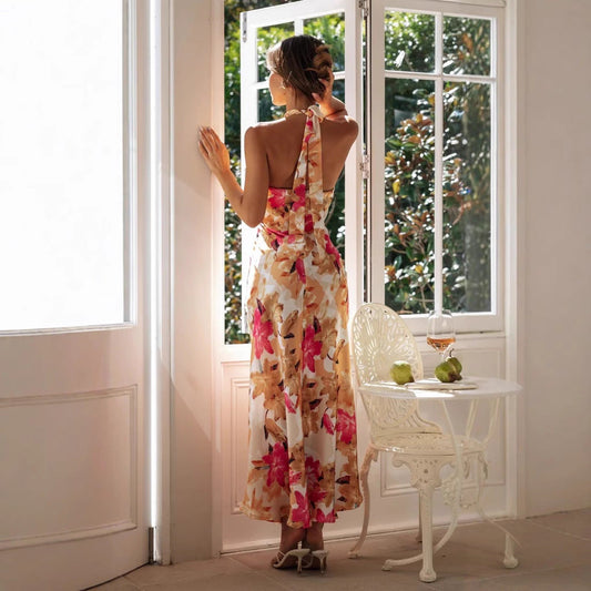 Women's Halter Neck Floral Maxi Dress with Sleek Silhouette Design