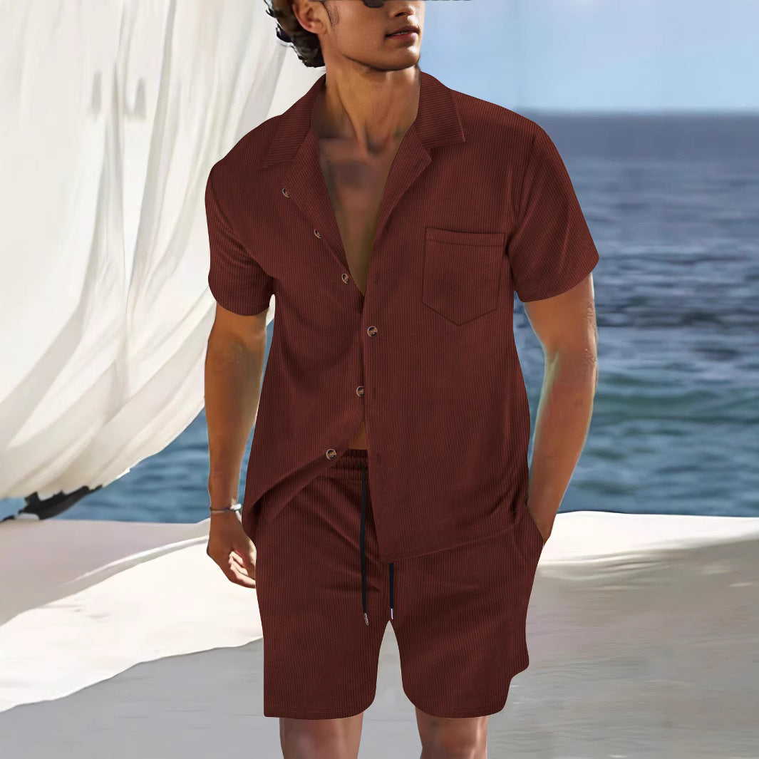 Men's Cuban Collar Short-Sleeve Shirt and Shorts Two-Piece Set