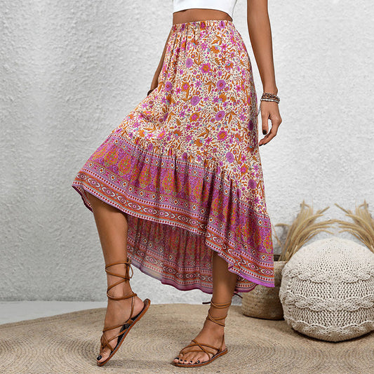 Women's Floral Paisley Midi Skirt with Tiered Hem and Elastic Waist