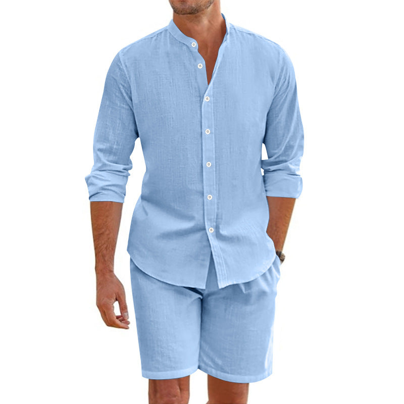 Men's Long Sleeve Button-Up Shirt and Shorts Two-Piece Set