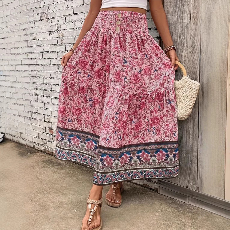 Women's Bohemian Tiered Maxi Skirt with Floral Print and Tassel Tie