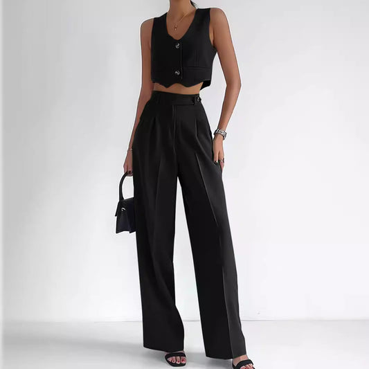 Women's Two Piece Suit Set with Cropped Vest and Wide Leg Pants