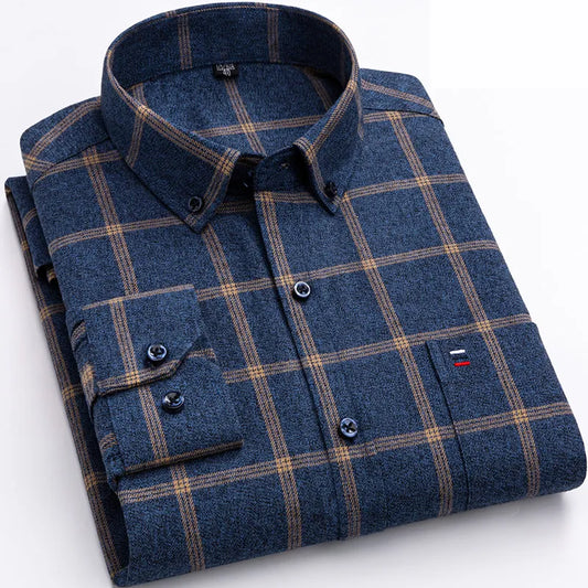 Men's Long Sleeve Checkered Shirt with Button Down Collar