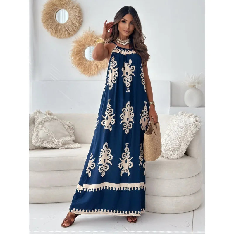 Women's Printed Maxi Dress with Halter Neck and Spaghetti Straps