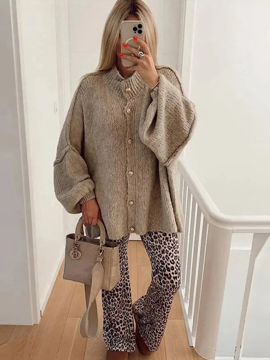 Women's Bat Sleeve Cardigan with Lapel and Metal Button Detail