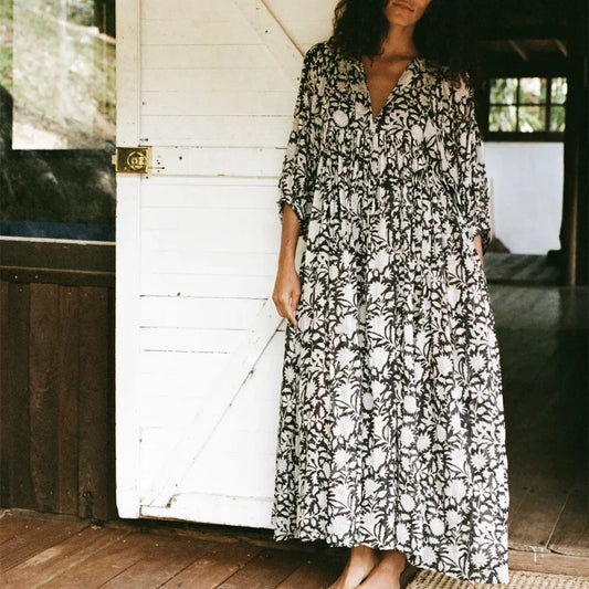 Women's Floral Maxi Dress with V Neck 3/4 Loose Lantern Sleeves