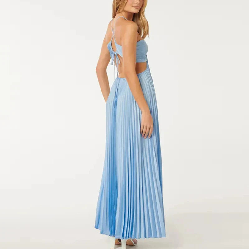 Women's Pleated Maxi Dress with Cut-Out Waist and Spaghetti Straps