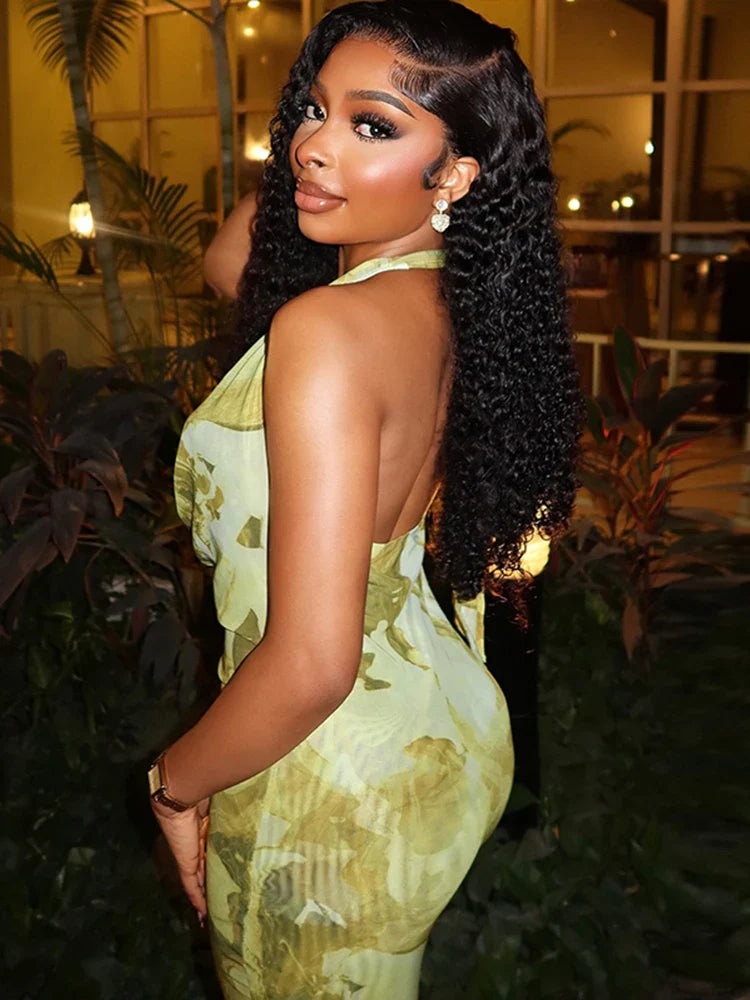 Women's Halter Maxi Dress with Artistic Print and Draped Neckline