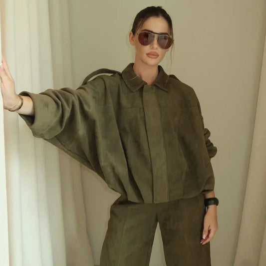 Women's Cropped Bomber Jacket with Lapel Collar and Zip Front