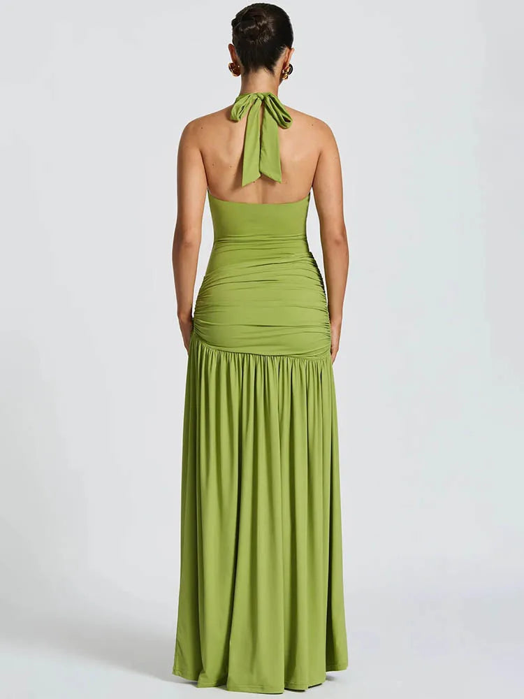 Women's Halter Maxi Dress Set with High Slit and Ruched Waist