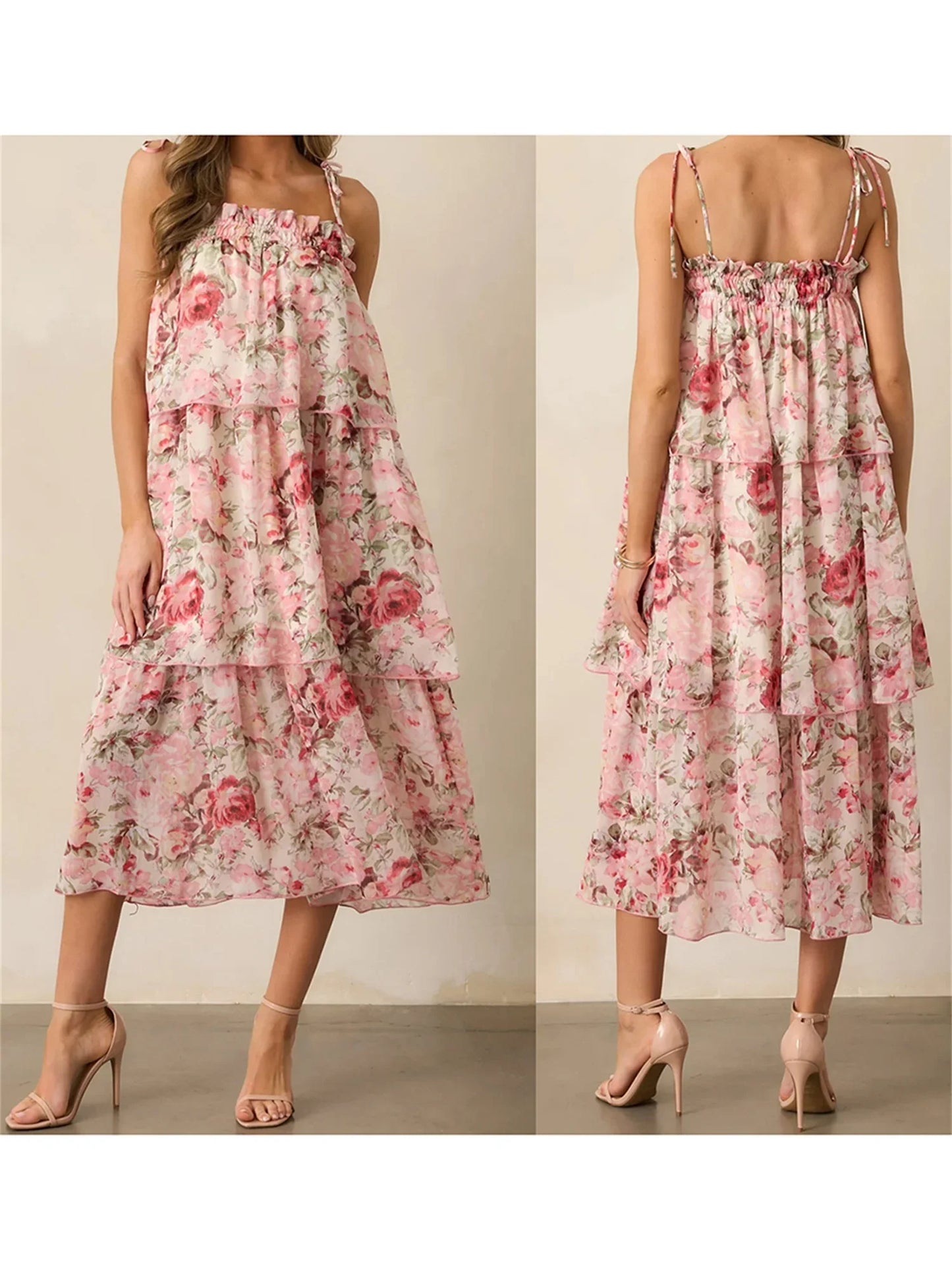 Women's Floral Sleeveless Midi Dress with Tiered Ruffle Hem