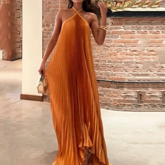 Women's Pleated Halter Neck Maxi Dress with Flowing Silhouette