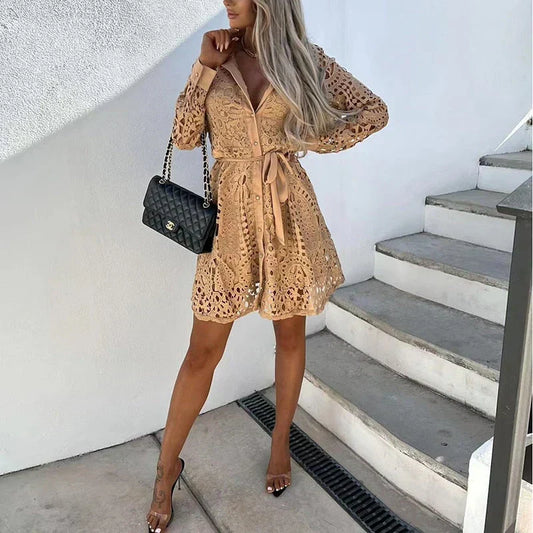 Women's Mini Lace Shirt Dress with Long Sleeves and Belted Waist