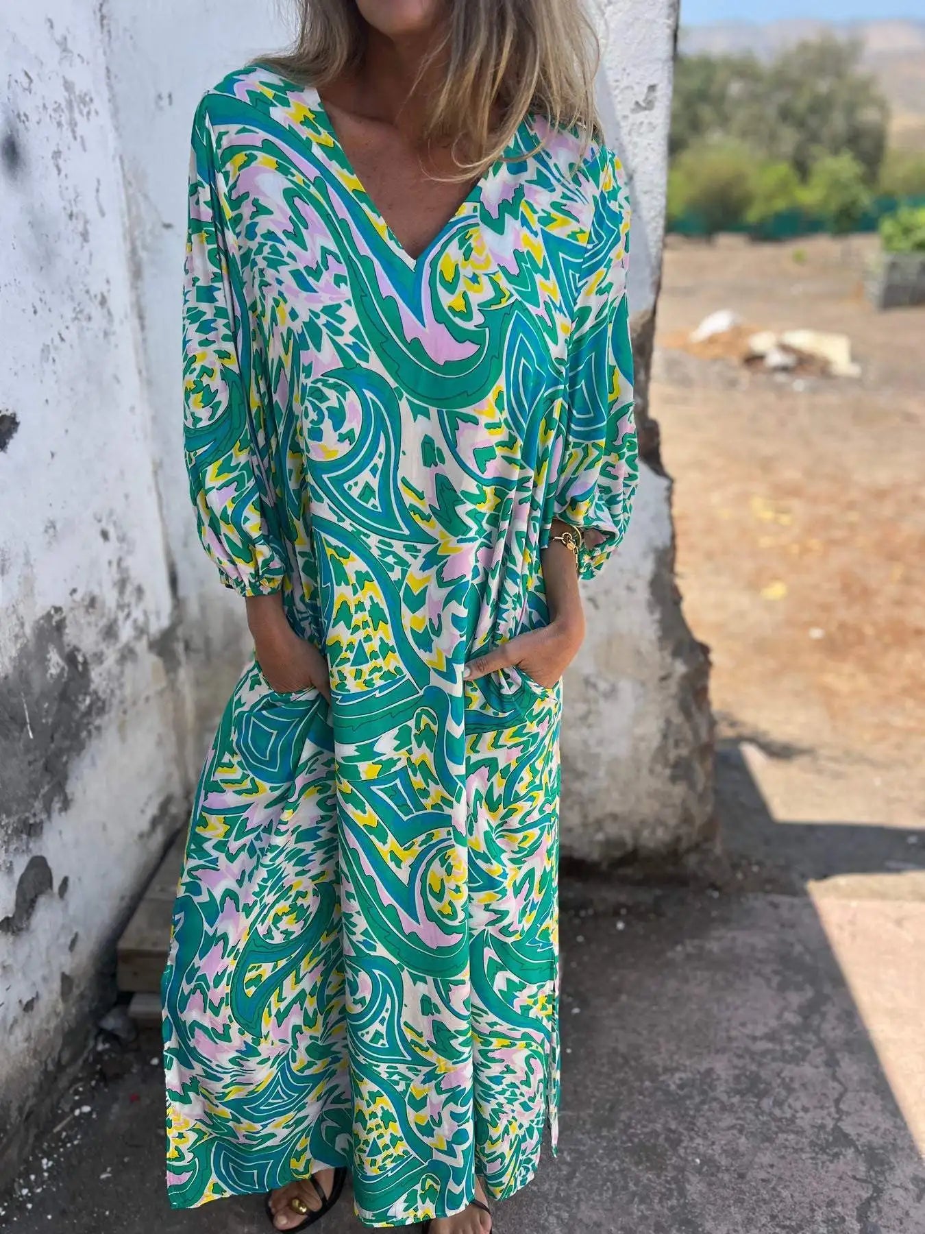 Women’s Printed Boho Maxi Dress with V-Neckline and Pockets