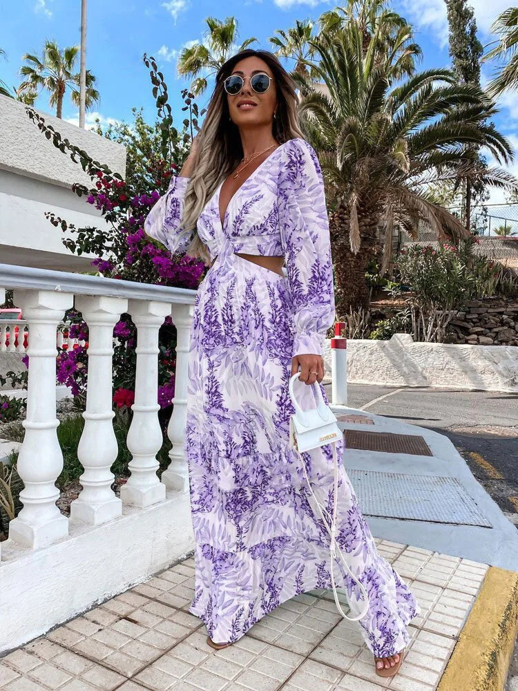 Women's Long Sleeve V-Neck Maxi Dress with Cut-Out Waist Detail