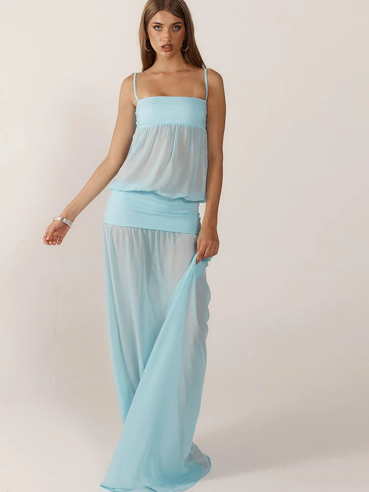 Women's Sheer Maxi Dress with Spaghetti Straps and Side Cut-Outs