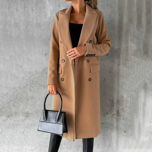 Women's Long Double-Breasted Trench Coat with Button Cuffs