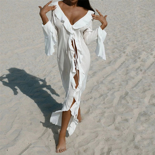 Women's Ruffled Long Sleeve V-Neck Beach Cover Up Maxi Dress
