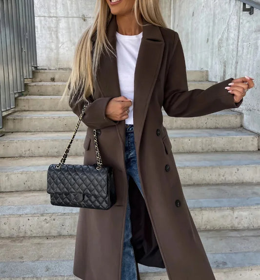 Women's Double-Breasted Winter Coat with Waist Belt and Classic Fit