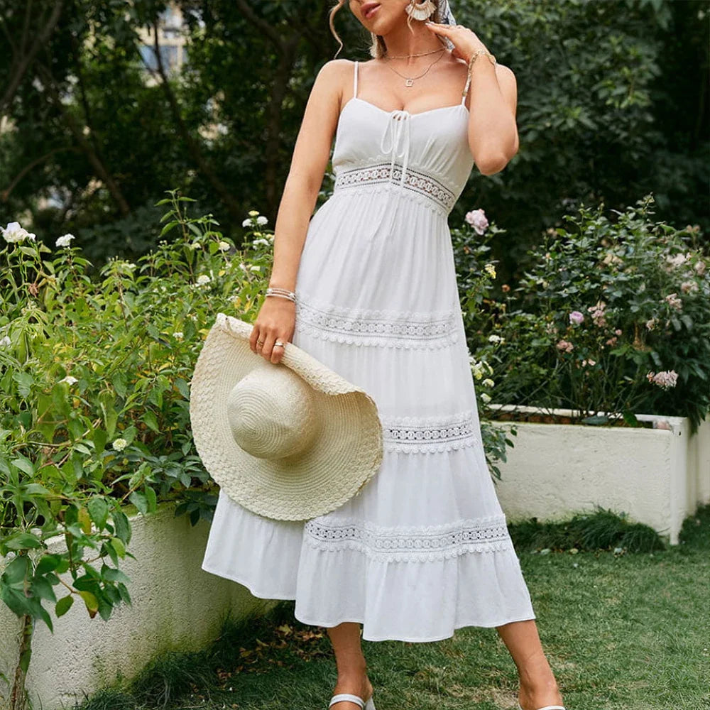 Women's Tiered Lace Maxi Dress with Spaghetti Straps and Bow Detail