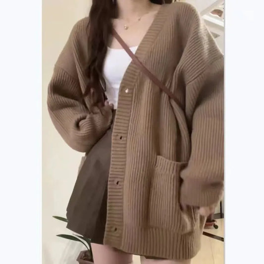 Women's Oversized Ribbed Cardigan with Drop Shoulders and Buttons