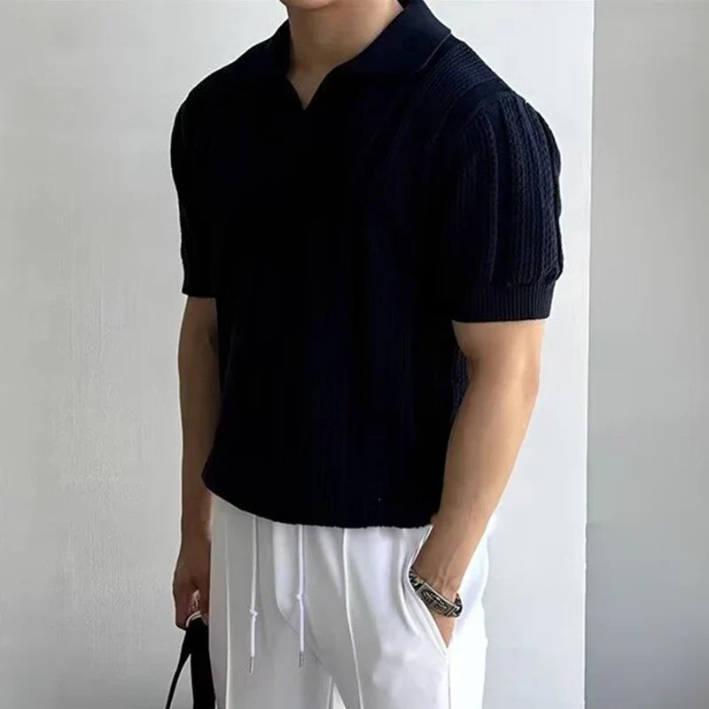 Men's Knitted Mesh Short Sleeve Polo Shirt with Vintage Lapel Design