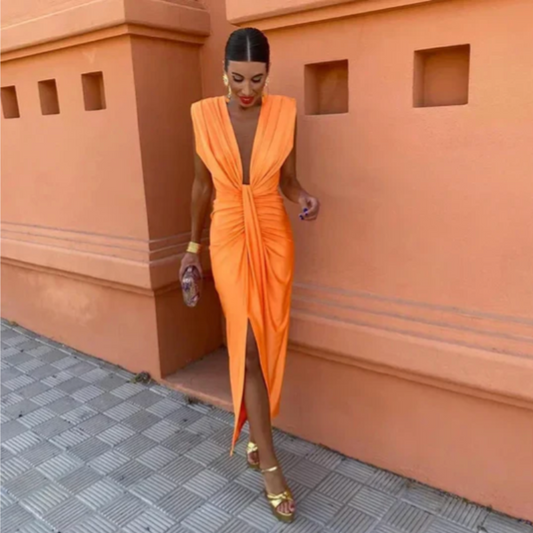 Women's Elegant Draped Maxi Dress with Deep V-Neck and Ruched Waist