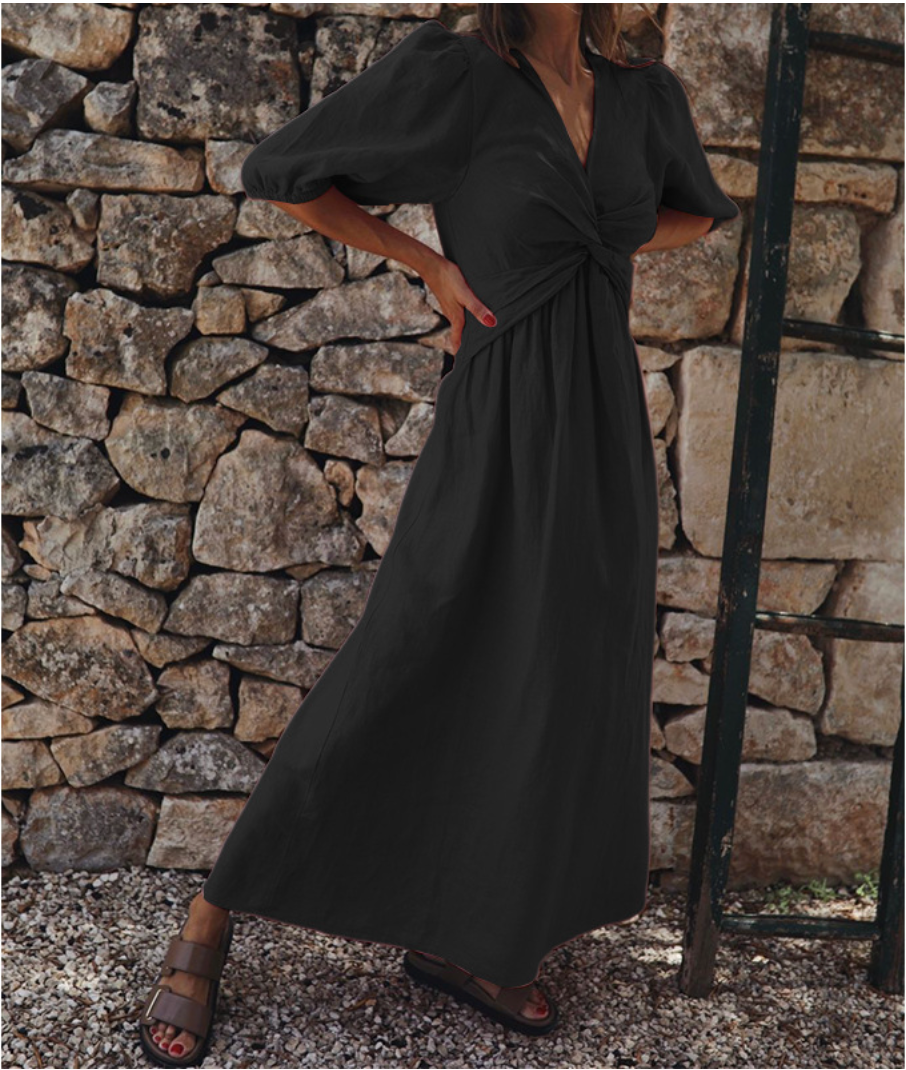 Women's Maxi Dress with V-Neck and Twist Knot Waist