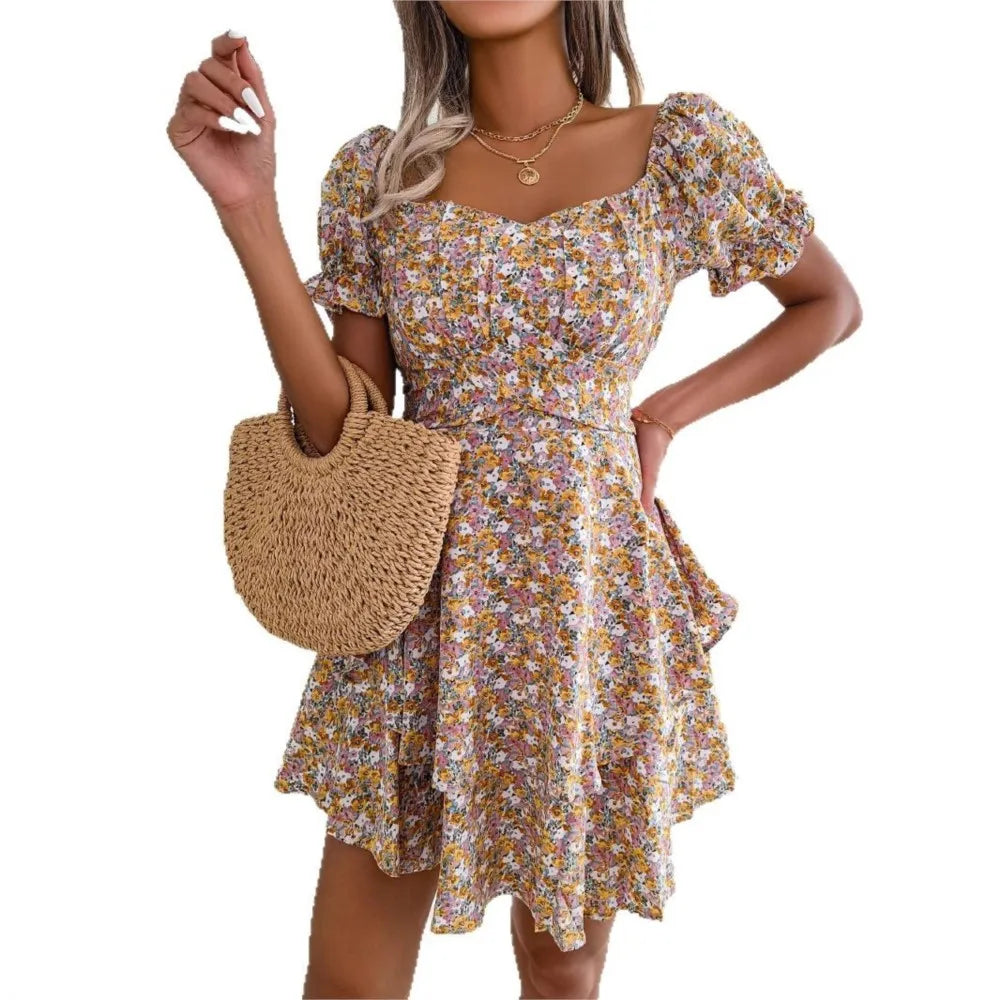 Women’s Floral Short Sleeve Mini Dress with Lace-Up Waist and Flowy Fit