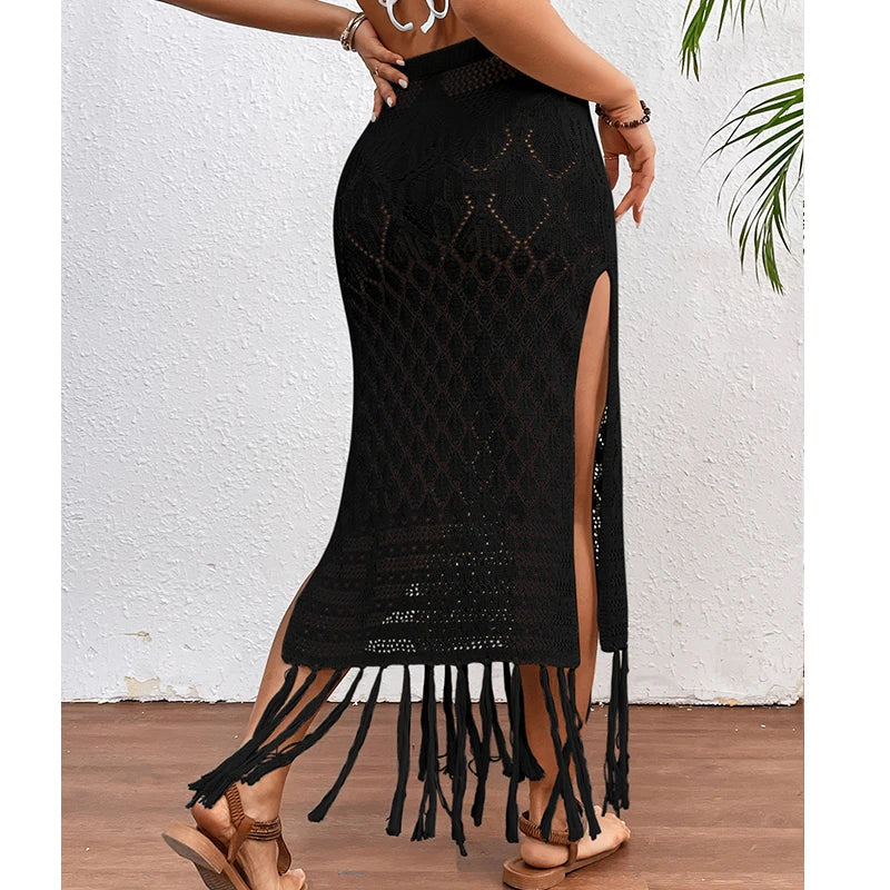 Women's Knitted High-Slit Skirt with Tassels Bikini Cover Up
