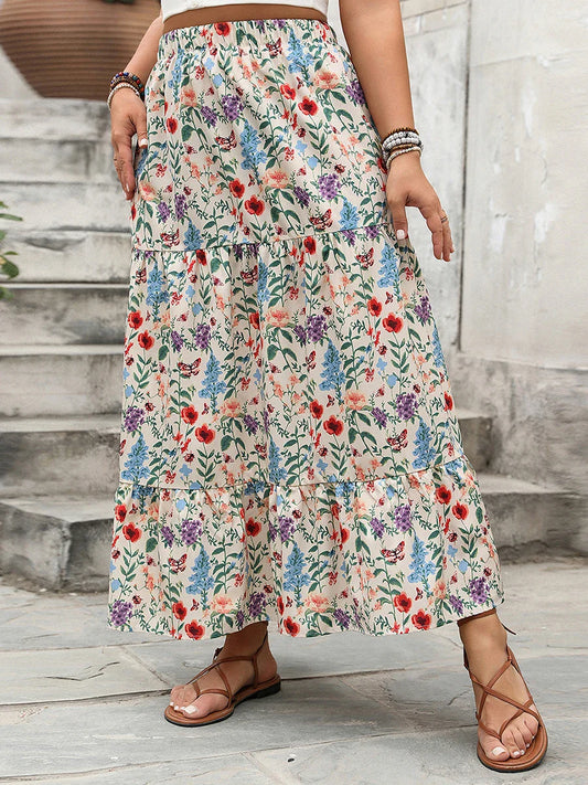 Women's Floral Print Maxi Skirt with Elastic Waist and Tiered Hem