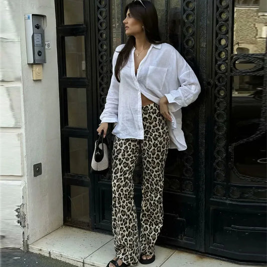 Leopard Print Wide-Leg Pants for Women