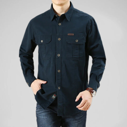 Men's Long-Sleeve Button-Front Shirt with Point Collar Design